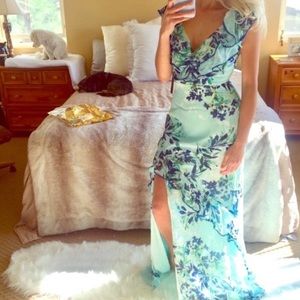 LULU’S WEDDING GUEST Blue Sexy Ruffle Maxi Dress